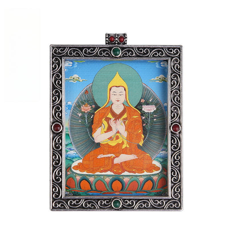 Metal Mini Thangka Box Pendant – Nepalese Wealth God, Green Tara & Four-Armed Avalokiteshvara Silver Pendant