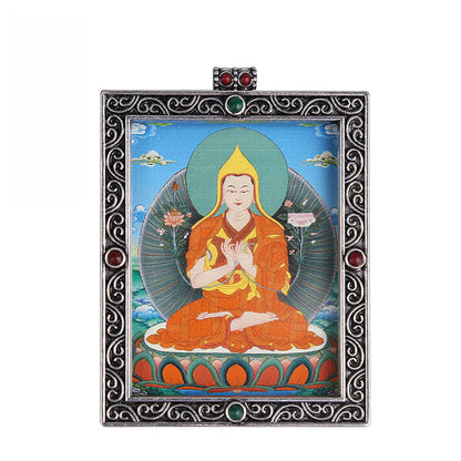 Metal Mini Thangka Box Pendant – Nepalese Wealth God, Green Tara & Four-Armed Avalokiteshvara Silver Pendant