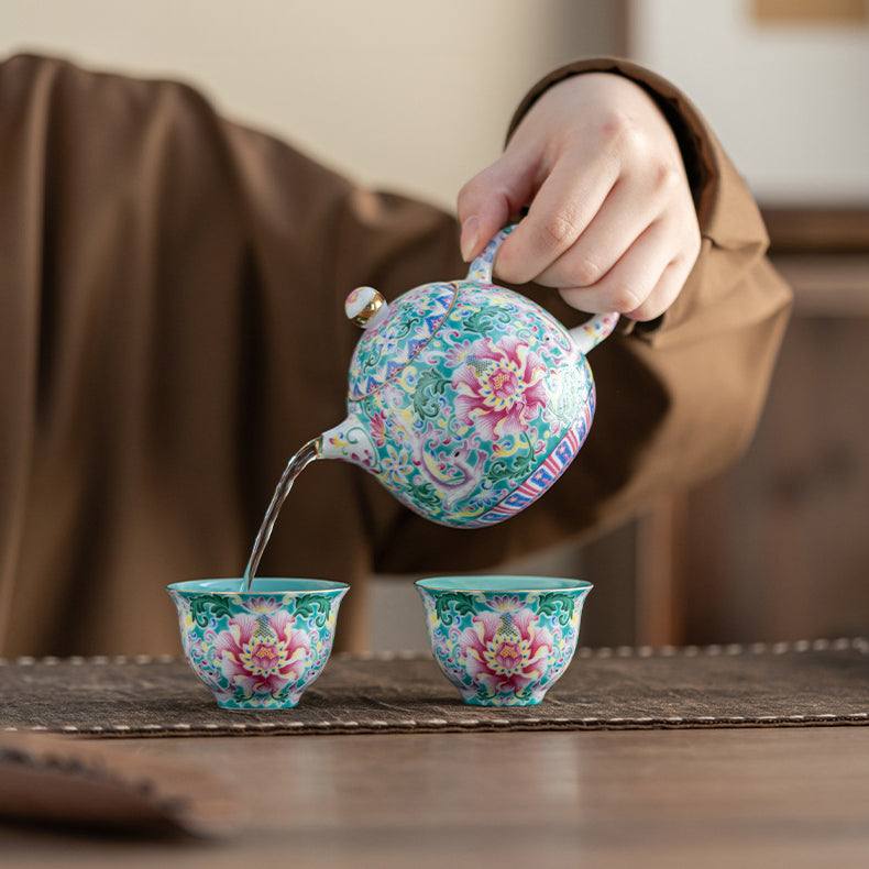 Chinese Enamel Floral Three-Lid Tea Bowl Set – Traditional Dragon Egg Teapot with Gold Trim