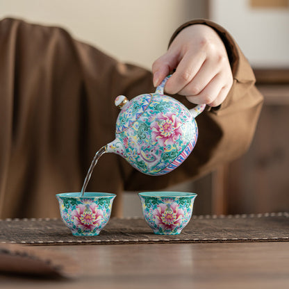 Chinese Enamel Floral Three-Lid Tea Bowl Set – Traditional Dragon Egg Teapot with Gold Trim