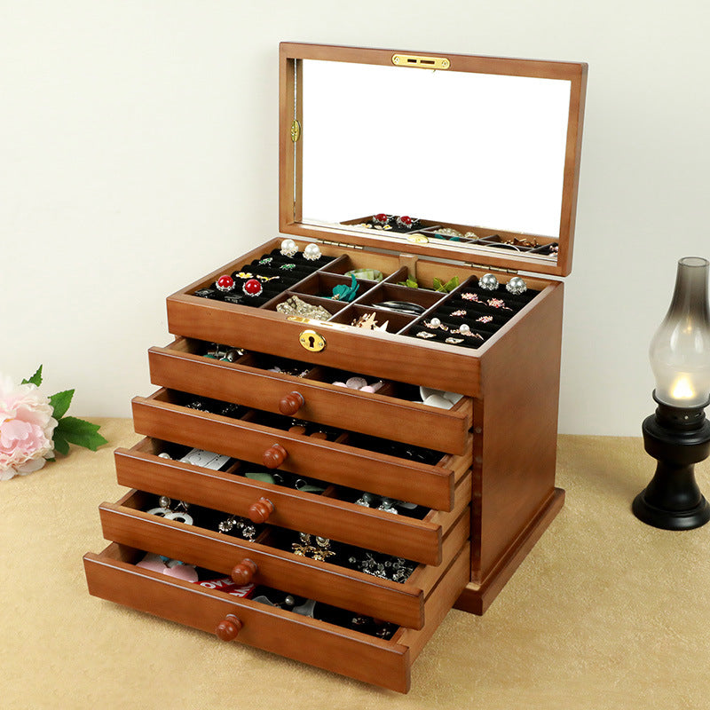 Vintage Wooden Jewelry Box with Lock - Multi-Layer Princess Style Jewelry Organizer