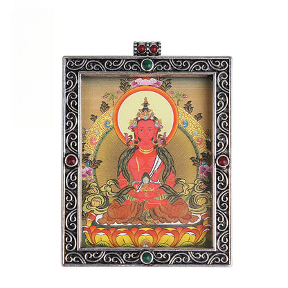Metal Mini Thangka Box Pendant – Nepalese Wealth God, Green Tara & Four-Armed Avalokiteshvara Silver Pendant
