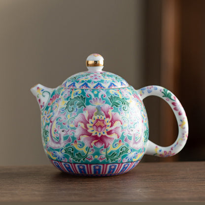 Chinese Enamel Floral Three-Lid Tea Bowl Set – Traditional Dragon Egg Teapot with Gold Trim