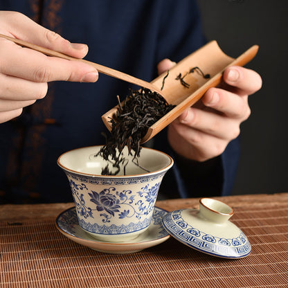 Blue & White Ru Kiln Tea Set - Interlocking Lotus Design Ceramic Gongfu Set (6-Piece)