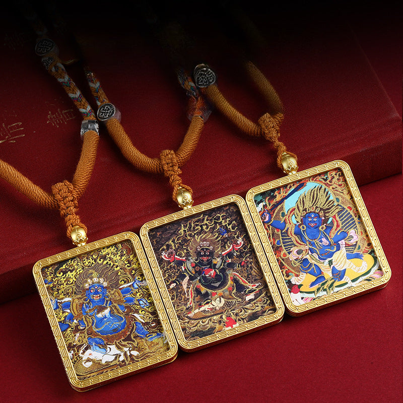 Gold Accented Mahakala Thangka Pendant - Tibetan Protector Deity Necklace