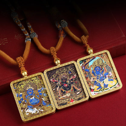 Gold Accented Mahakala Thangka Pendant - Tibetan Protector Deity Necklace