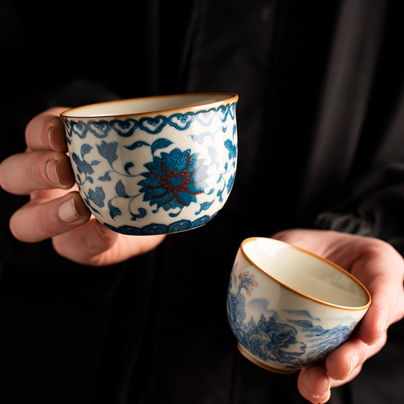Ru Kiln Blue & White Tea Cup - Handcrafted Crackle Glaze Ceramic with Cobalt Design (Owner's Cup)