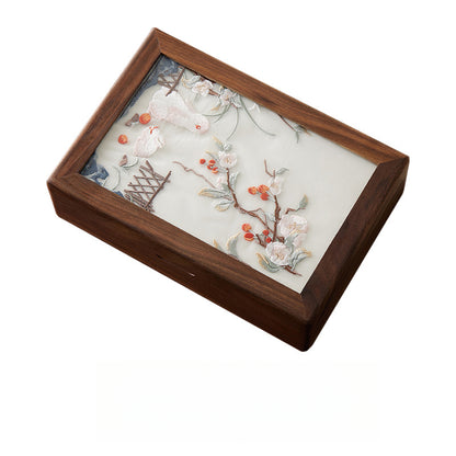 Walnut Wood Jewelry Box with Embroidered Lid - Chinese-Style Gift with Velvet Lining (23x16x6.5cm, 800g, 6 Symbolic Designs)