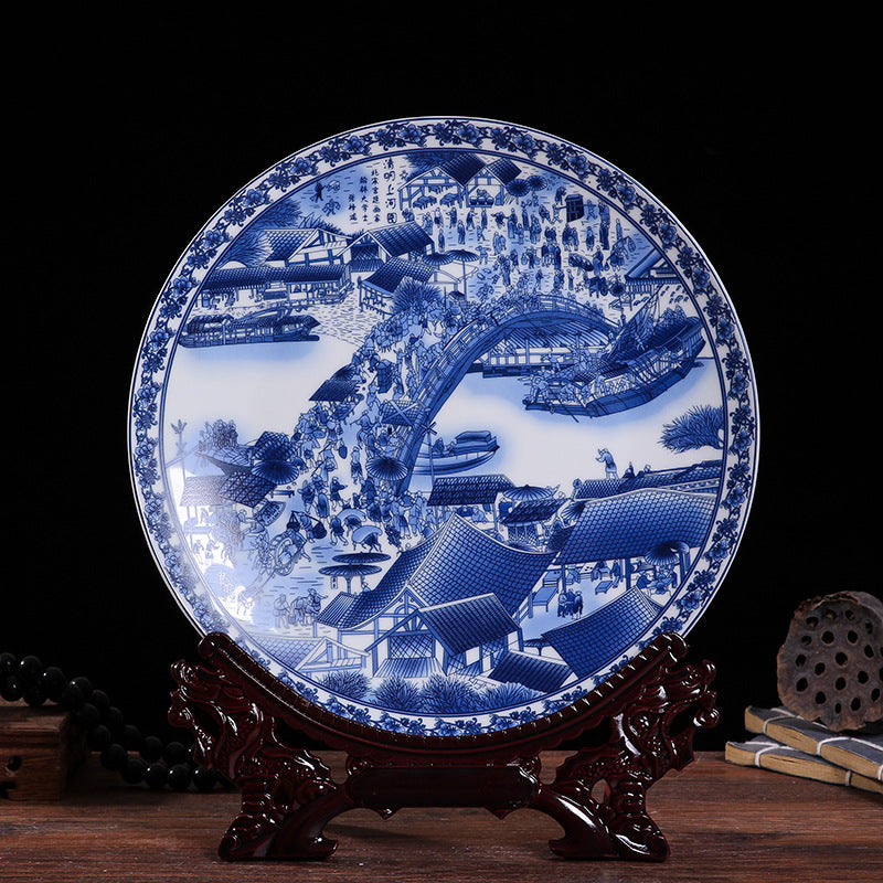Jingdezhen Blue & White Porcelain Plates - Hand-Painted Chinese Decor (25cm Diameter, 16 Classic Designs, 1000g)