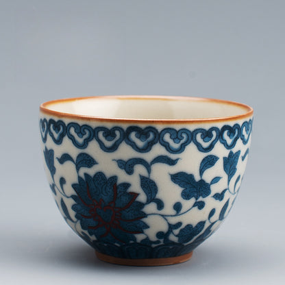 Ru Kiln Blue & White Tea Cup - Handcrafted Crackle Glaze Ceramic with Cobalt Design (Owner's Cup)