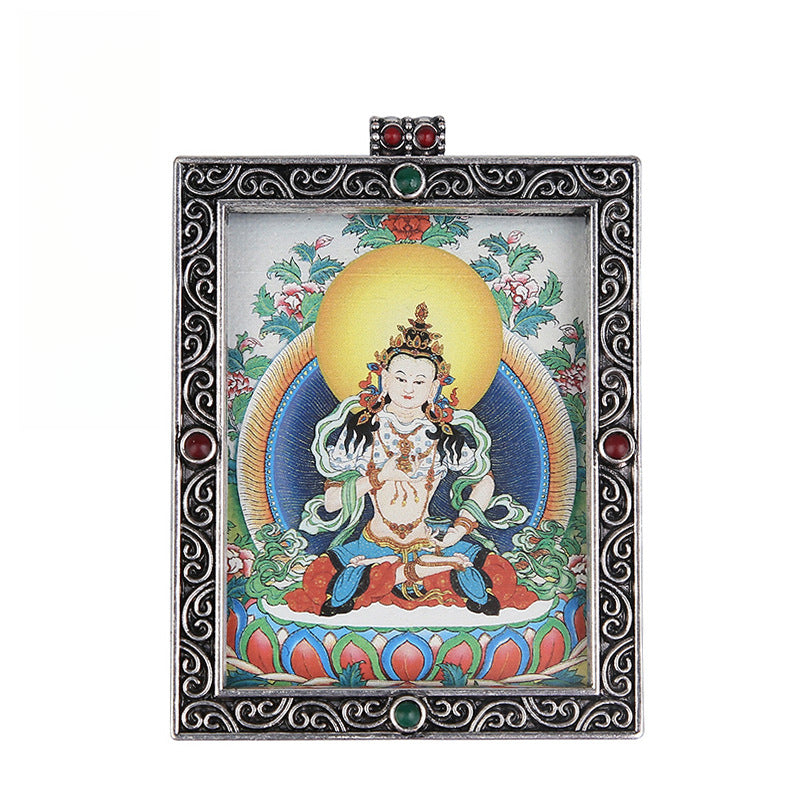 Metal Mini Thangka Box Pendant – Nepalese Wealth God, Green Tara & Four-Armed Avalokiteshvara Silver Pendant
