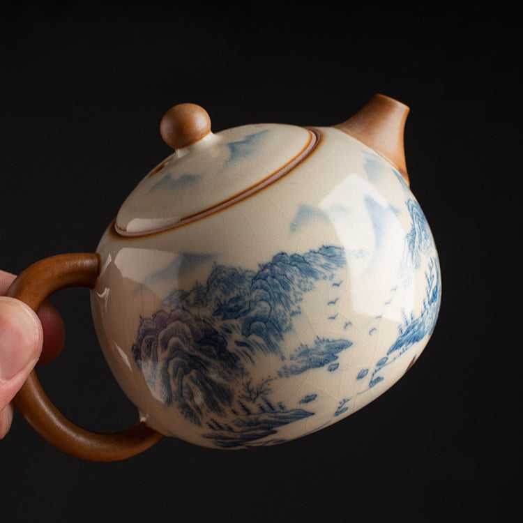 Blue & White Ru Kiln Xishi Teapot - Handcrafted Crackle Glaze Ceramic with Cobalt Patterns (220ml, 12.5x8.5cm)