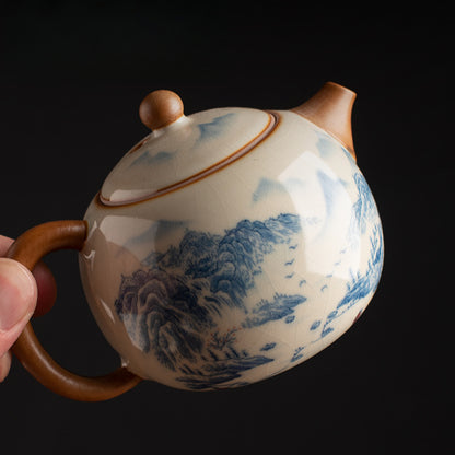 Blue & White Ru Kiln Xishi Teapot - Handcrafted Crackle Glaze Ceramic with Cobalt Patterns (220ml, 12.5x8.5cm)