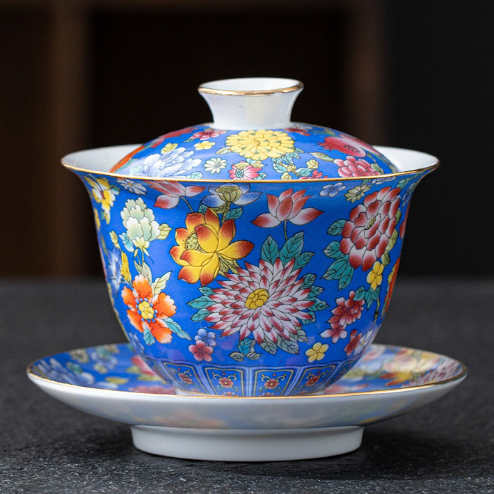Imperial Style Cloisonné Gaiwan - Handcrafted Enamel Three-Element Tea Bowl with Gold Trim (190ml Capacity)
