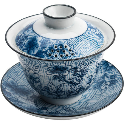 Jingdezhen Blue & White Lidded Tea Bowl - Perforated Cover Ceramic Gongfu Tea Set (170ml, 10x10cm)