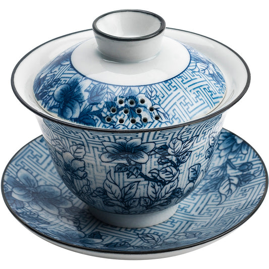 Jingdezhen Blue & White Lidded Tea Bowl - Perforated Cover Ceramic Gongfu Tea Set (170ml, 10x10cm)