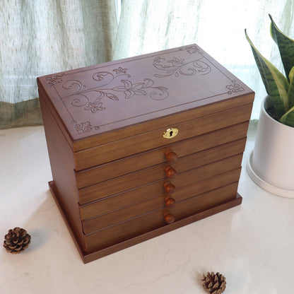 Vintage Wooden Jewelry Box with Lock - Multi-Layer Princess Style Jewelry Organizer