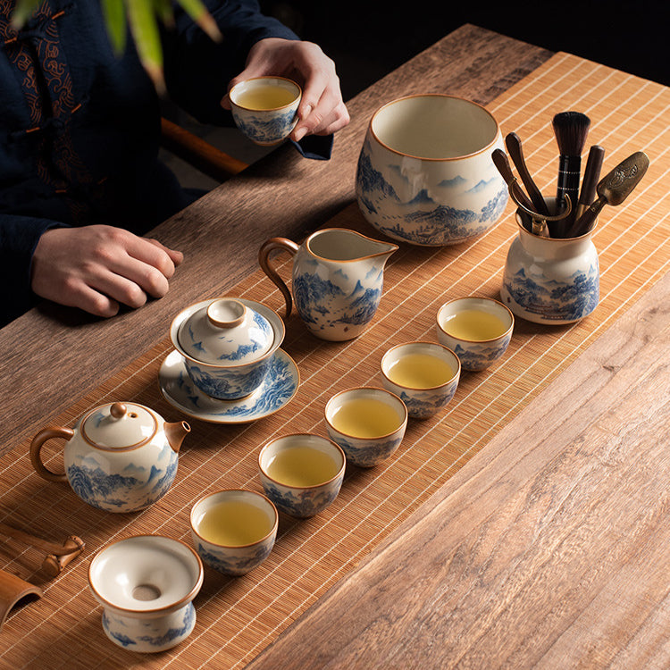 Ru Kiln Blue & White Tea Cup - Handcrafted Crackle Glaze Ceramic with Cobalt Design (Owner's Cup)
