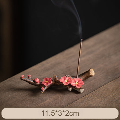 Handmade Ceramic Peach Blossom Incense Holder - Multi-functional Zen Decor for Sticks Incense (11.5x3x2cm)