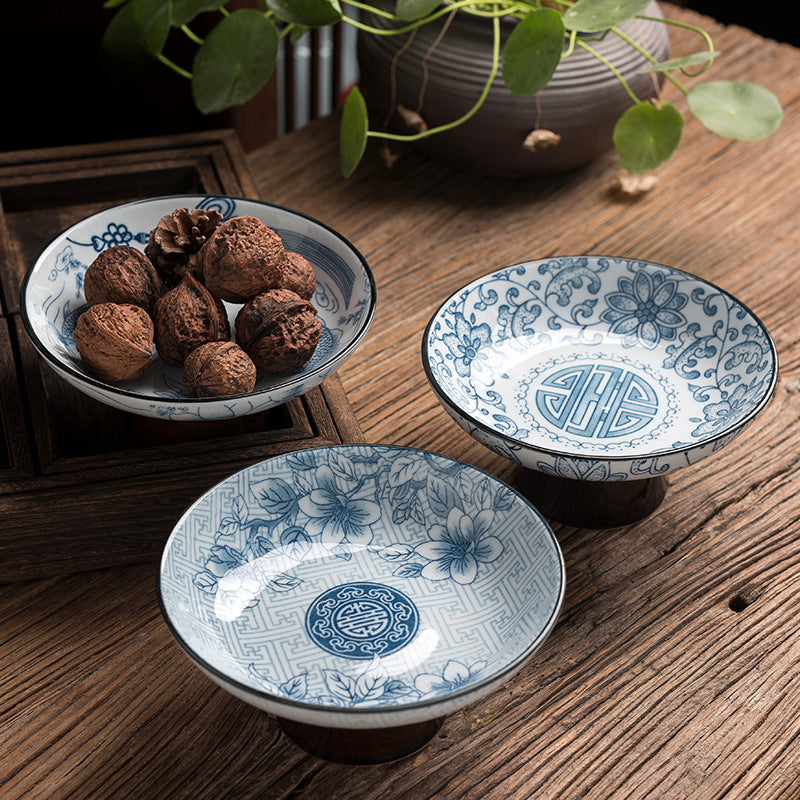 Blue & White Ceramic Fruit Plate - Japanese Style Raised Serving Dish (16.5x7.5cm, 7 Designs)
