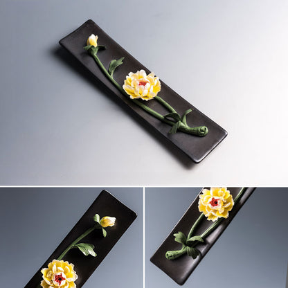 Handmade Floral Ceramic Incense Holder – Home Zen Aromatherapy Burner for Sticks (Includes Free Sandalwood)