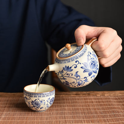 Blue & White Ru Kiln Tea Set - Interlocking Lotus Design Ceramic Gongfu Set (6-Piece)