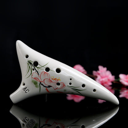 12-Hole Alto C Ocarina with Curved Tail - Hand-Painted Crackle Glaze Design (19x10x6cm, 450g) Includes Music Sheet, Neck Strap & Fabric Case