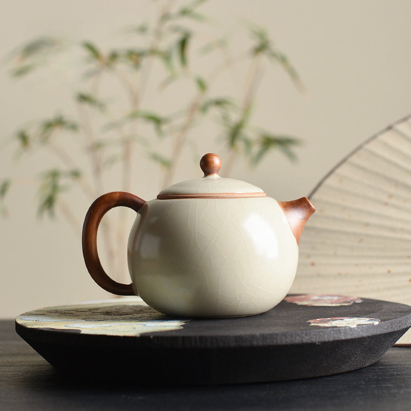 Beige Ru Kiln Tea Set - 3-Piece Gongfu Ceramic Set with Teapot & Cups (Tea Tray Included)