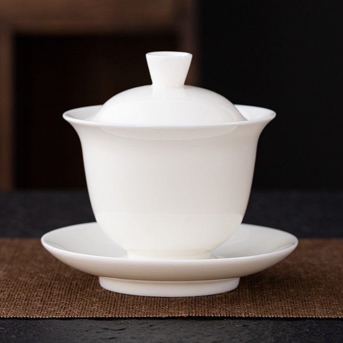 Dehua Blanc de Chine Three-Element Gaiwan - Mutton Fat Jade Porcelain Gongfu Tea Bowl with Lid & Saucer