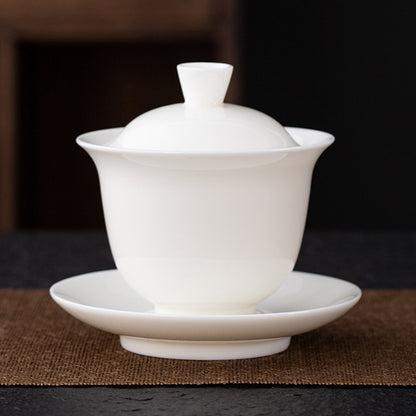 Dehua Blanc de Chine Three-Element Gaiwan - Mutton Fat Jade Porcelain Gongfu Tea Bowl with Lid & Saucer