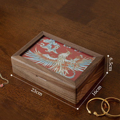Walnut Wood Jewelry Box with Embroidered Lid - Chinese Style Gift with Velvet Lining (23x16x6.5cm, 0.78kg, 6 Embroidery Designs)