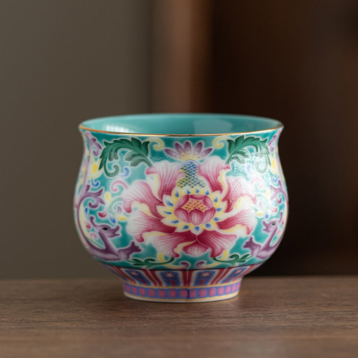 Peony Enamel Glazed Tea Master Cup - Handcrafted Retro Porcelain Tea Cup (90ml Capacity)