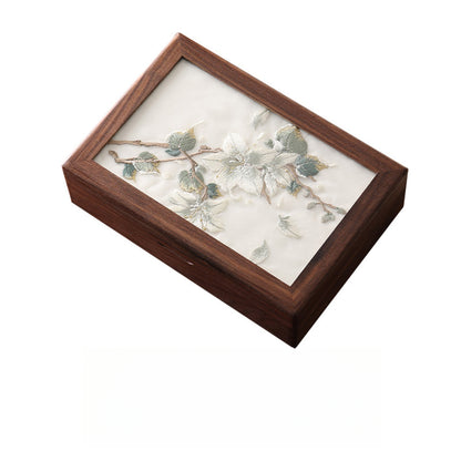 Walnut Wood Jewelry Box with Embroidered Lid - Chinese-Style Gift with Velvet Lining (23x16x6.5cm, 800g, 6 Symbolic Designs)