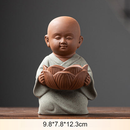 Zen Monk Ceramic Figurine with Lotus Candle Holder - Handcrafted Chinese Meditation Decor (9.8x7.8x12.3cm)