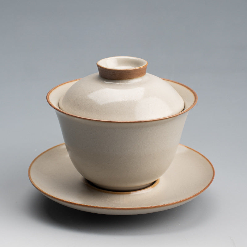 Yellow Ru Kiln Lidded Tea Bowl - Crackle Glaze Ceramic Three-Piece Set (150ml, Two Styles Available)