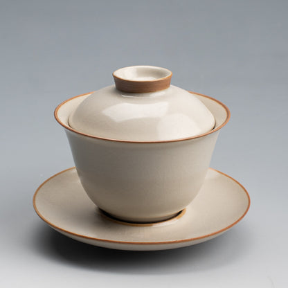 Yellow Ru Kiln Lidded Tea Bowl - Crackle Glaze Ceramic Three-Piece Set (150ml, Two Styles Available)