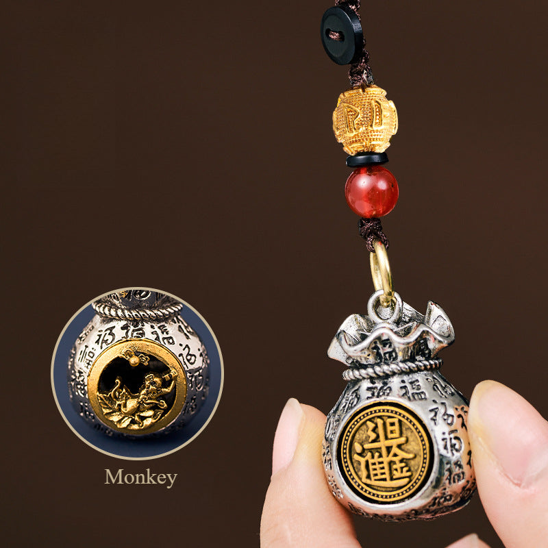 Vintage Zodiac Keychain with Rotatable Lucky Bag Pendant - Chinese Zodiac Signs