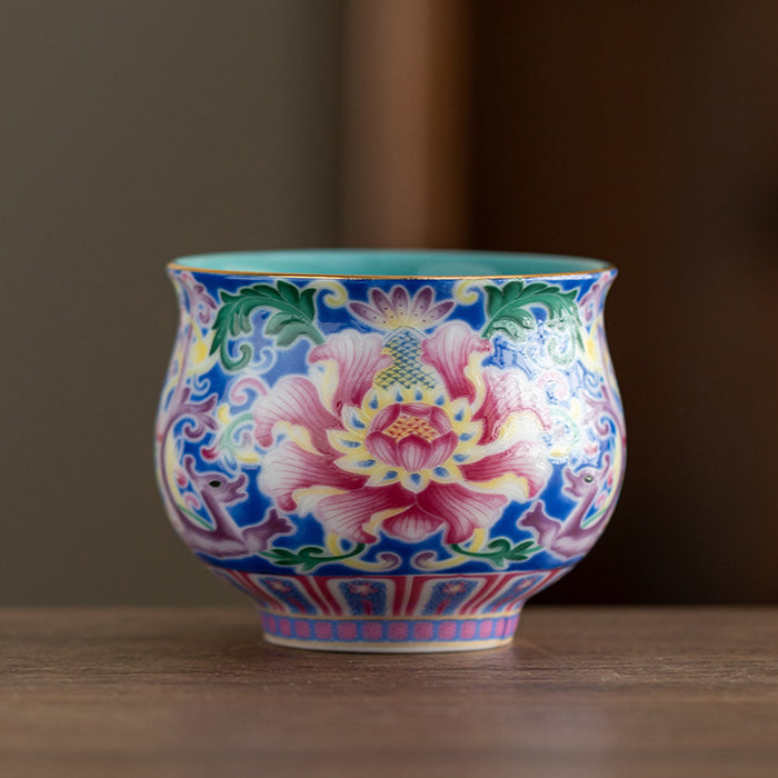 Peony Enamel Glazed Tea Master Cup - Handcrafted Retro Porcelain Tea Cup (90ml Capacity)