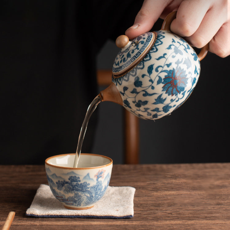 Blue & White Ru Kiln Xishi Teapot - Handcrafted Crackle Glaze Ceramic with Cobalt Patterns (220ml, 12.5x8.5cm)