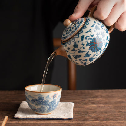 Blue & White Ru Kiln Xishi Teapot - Handcrafted Crackle Glaze Ceramic with Cobalt Patterns (220ml, 12.5x8.5cm)