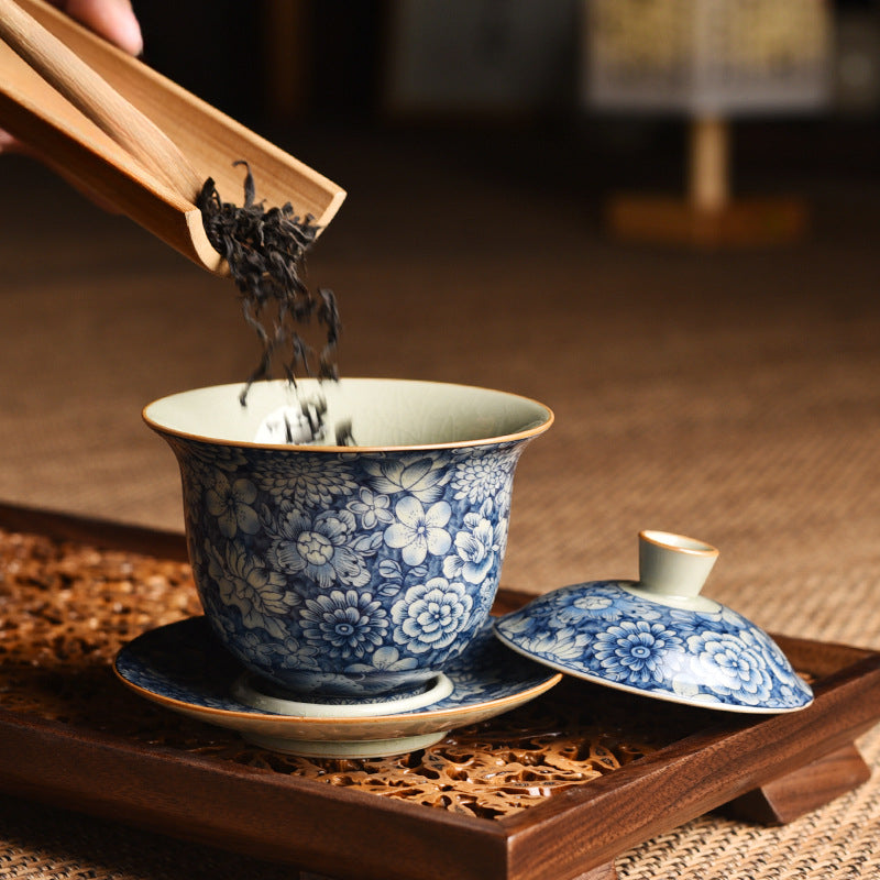 Antique Ru Kiln Blue & White Lidded Tea Bowl - Handcrafted Three-Piece Set (150ml, Two Sizes Available)