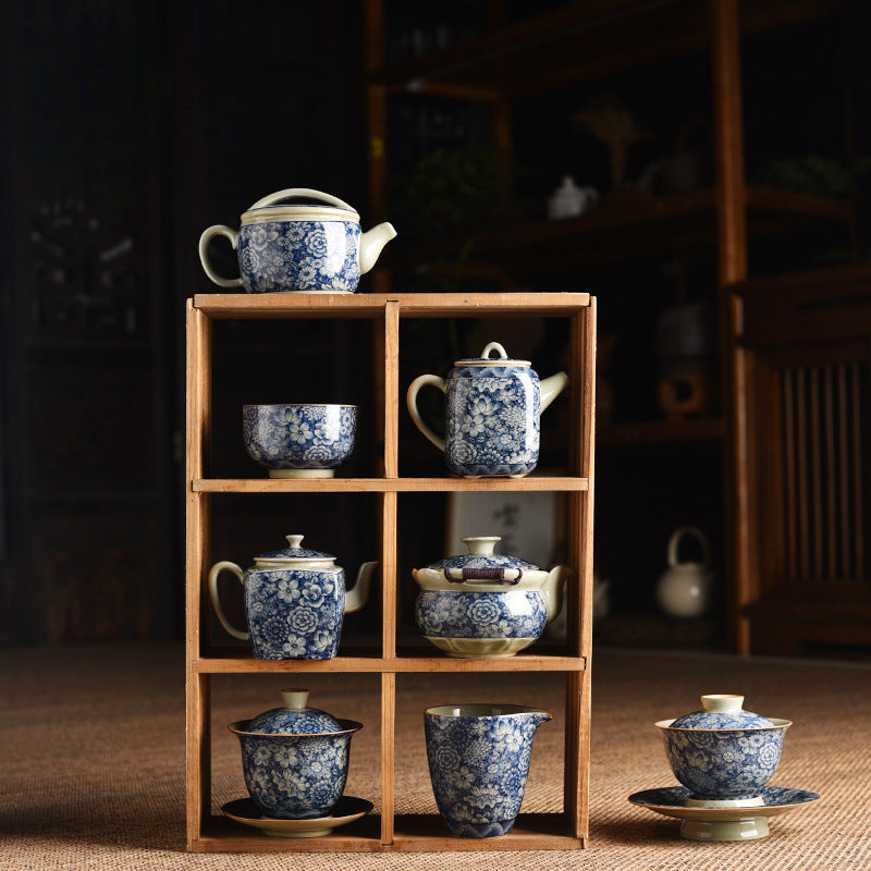 Antique Ru Kiln Blue & White Lidded Tea Bowl - Handcrafted Three-Piece Set (150ml, Two Sizes Available)