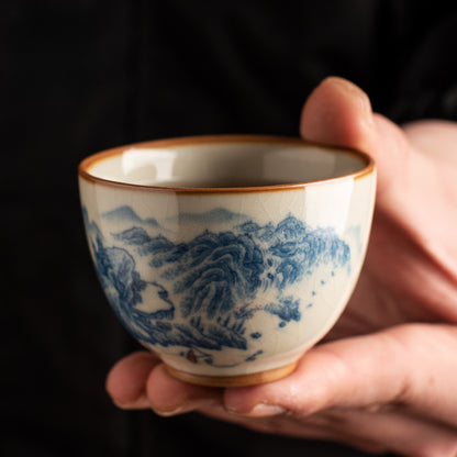 Ru Kiln Blue & White Tea Cup - Handcrafted Crackle Glaze Ceramic with Cobalt Design (Owner's Cup)