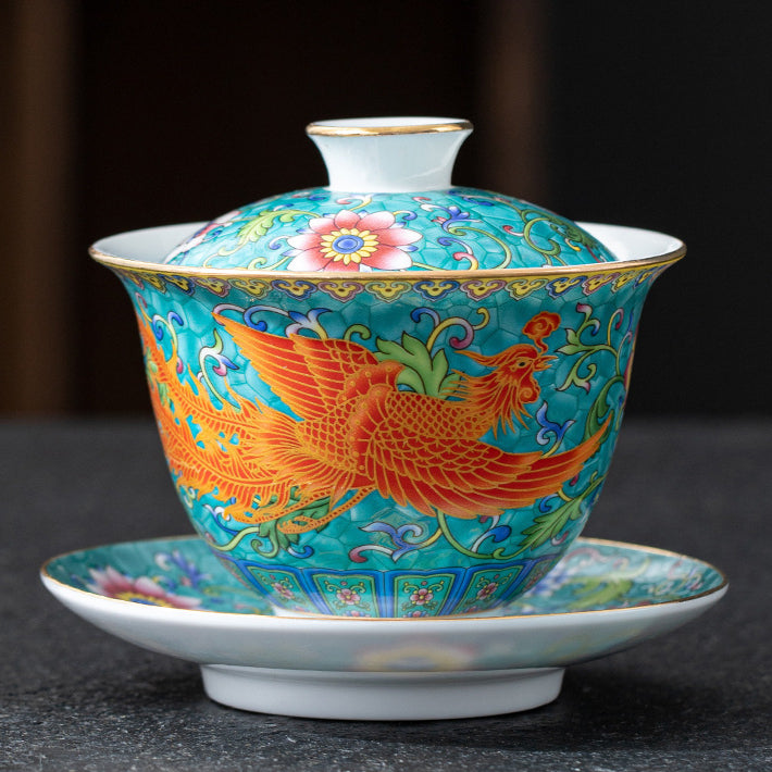 Imperial Style Cloisonné Gaiwan - Handcrafted Enamel Three-Element Tea Bowl with Gold Trim (190ml Capacity)