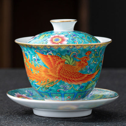 Imperial Style Cloisonné Gaiwan - Handcrafted Enamel Three-Element Tea Bowl with Gold Trim (190ml Capacity)