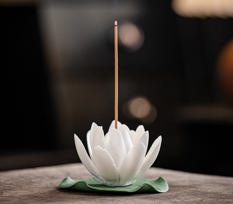 Handmade Ceramic Lotus Incense Holder - Detachable Flower & Leaf Design for Easy Cleaning (8x4.5cm, Zen Home Decor)