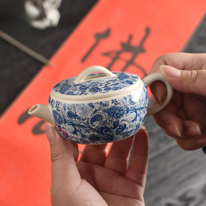 Plant Ash Glaze Hanwa Teapot - Small Ceramic Gongfu Teapot with Blue & White Design (140ml, 12.5x5.5cm)