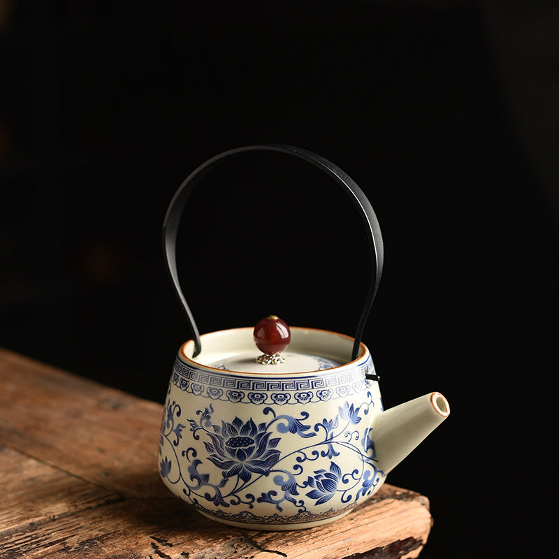 Blue & White Ru Kiln Tea Set - Interlocking Lotus Design Ceramic Gongfu Set (6-Piece)