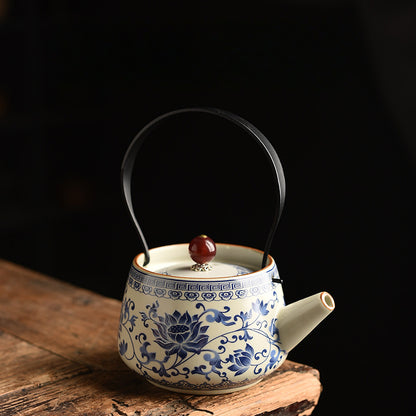 Blue & White Ru Kiln Tea Set - Interlocking Lotus Design Ceramic Gongfu Set (6-Piece)
