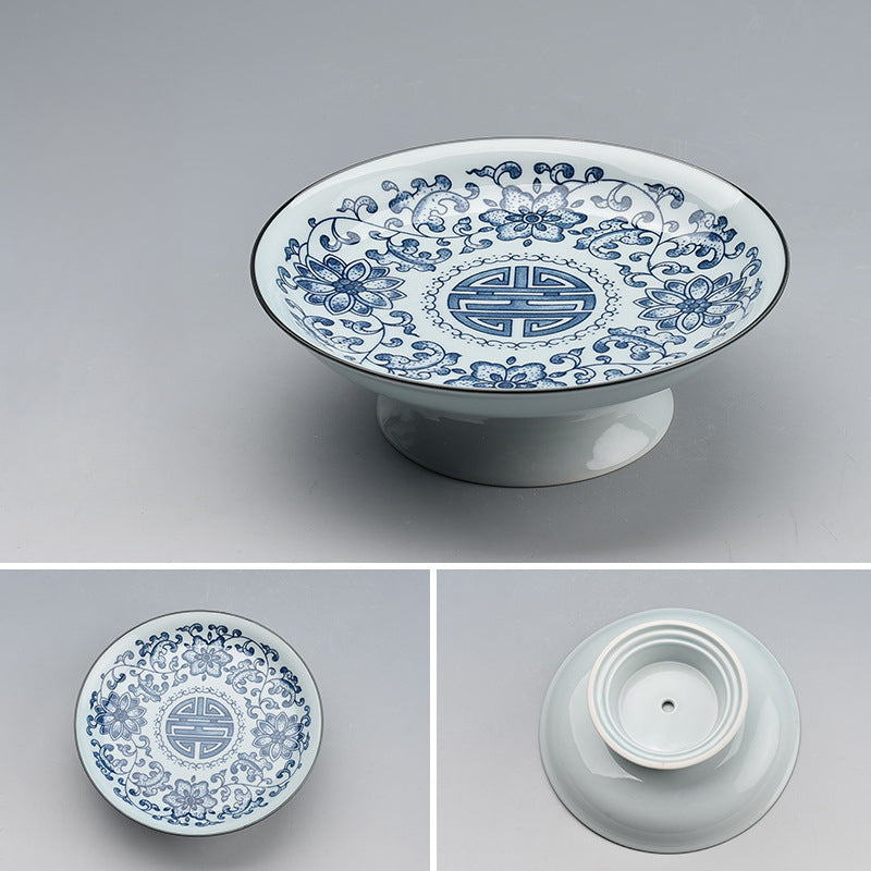 Blue & White Ceramic Fruit Tray - Chinese Style Dessert Plate with Classic Patterns (20.5x7cm, 7 Designs)